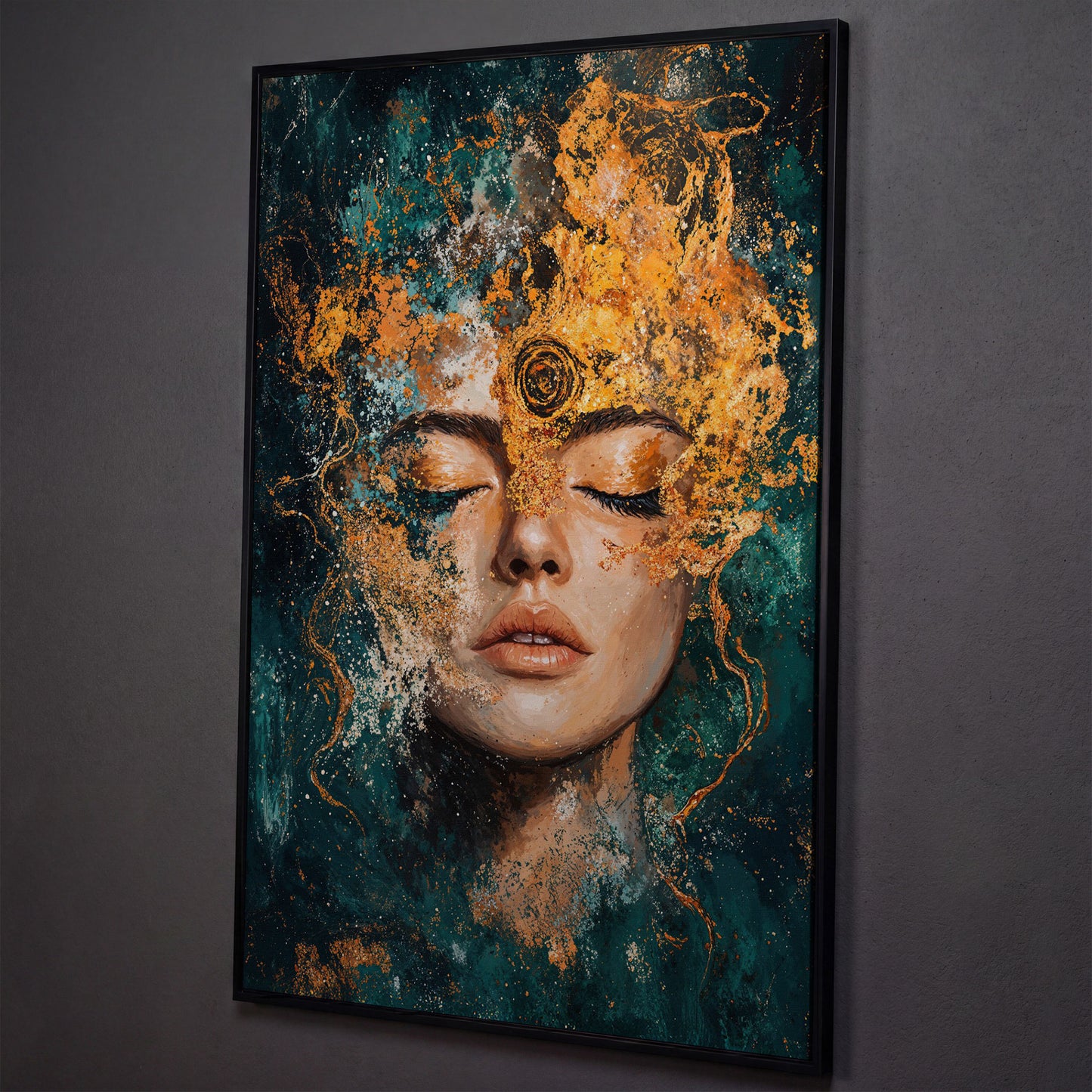 Mystical Abstract Woman Canvas Print in Gold and Teal shown in black floating frame