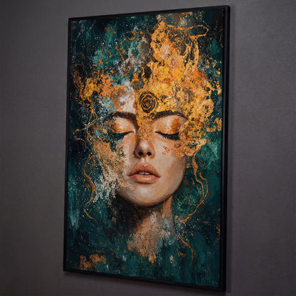 Mystical Abstract Woman Canvas Print in Gold and Teal shown in black floating frame