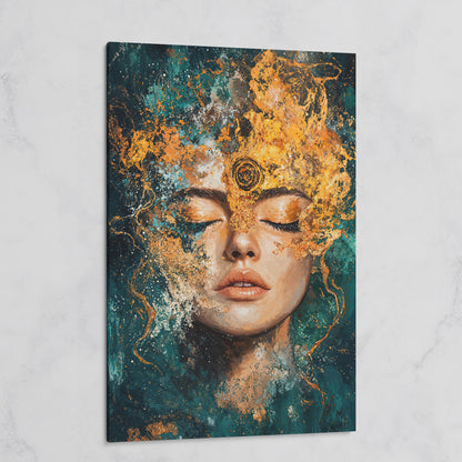 Mystical Abstract Woman Canvas Print in Gold and Teal on gallery wrap