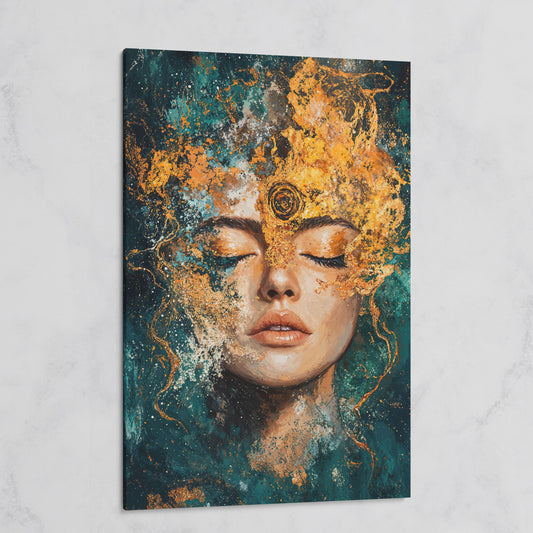 Mystical Abstract Woman Canvas Print in Gold and Teal on gallery wrap