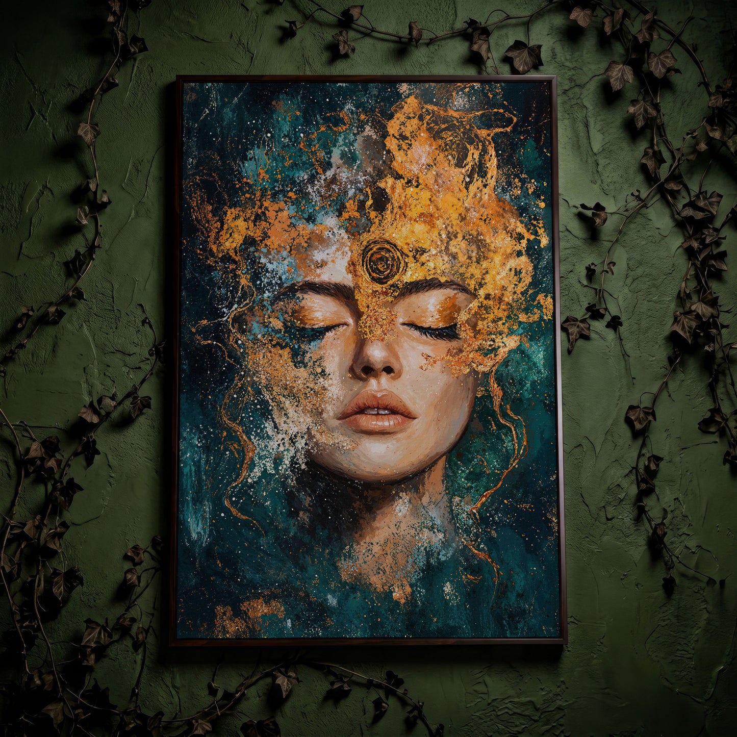 Mystical Abstract Woman Canvas Print in Gold and Teal in dark walnut floating frame
