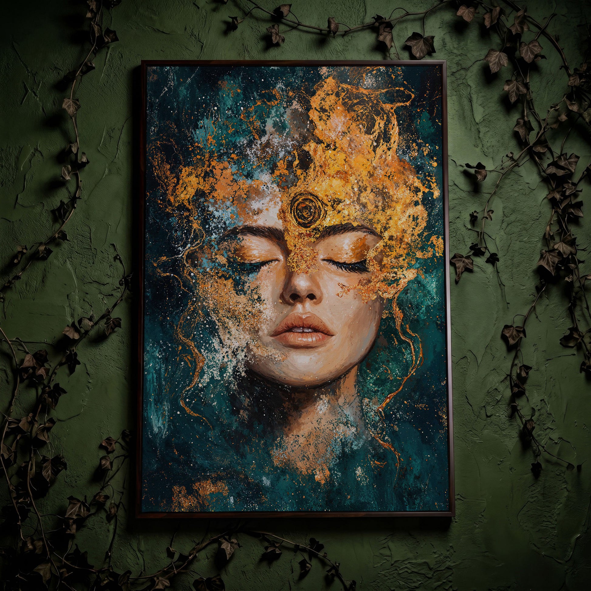 Mystical Abstract Woman Canvas Print in Gold and Teal in dark walnut floating frame
