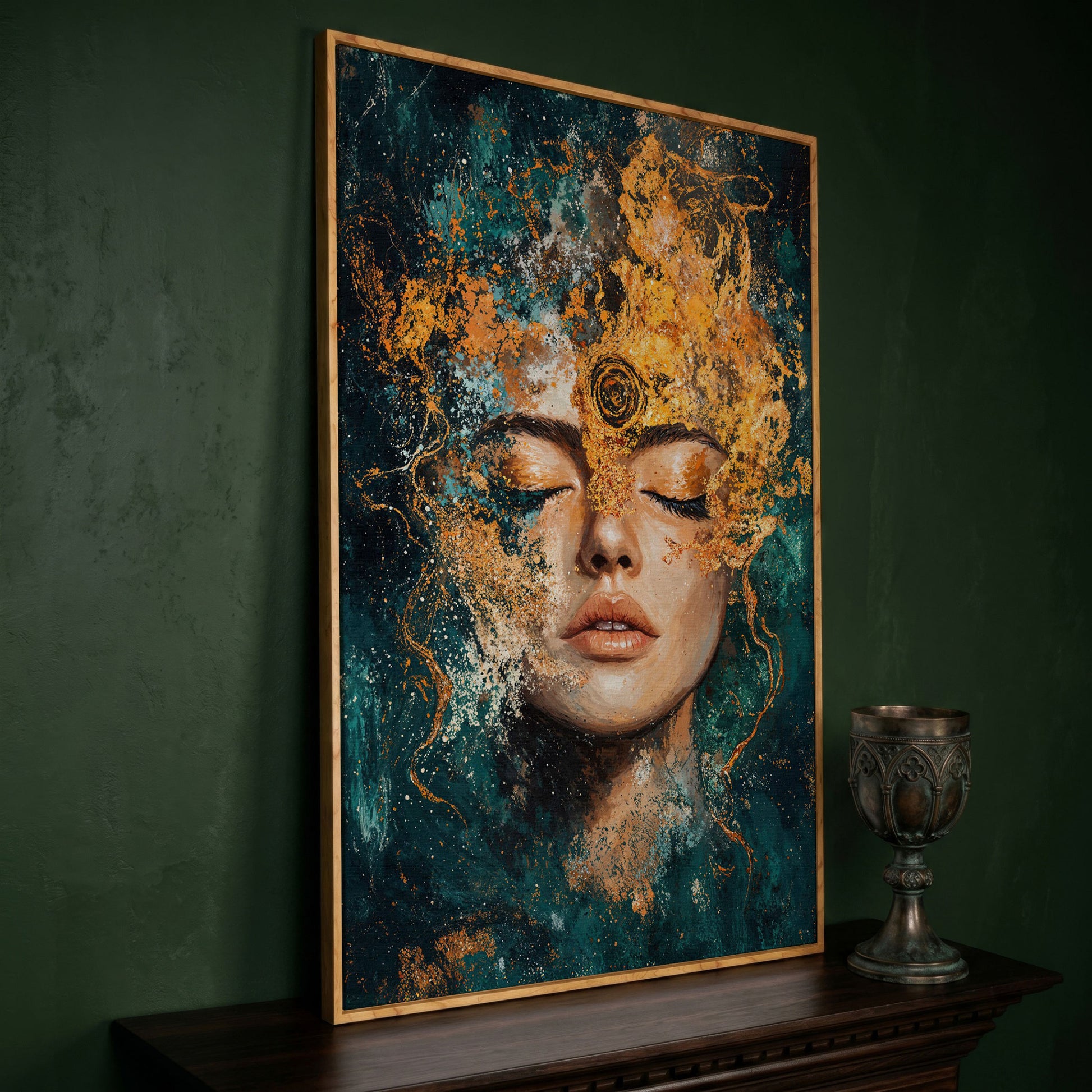 Mystical Abstract Woman Canvas Print in Gold and Teal in white oak floating frame