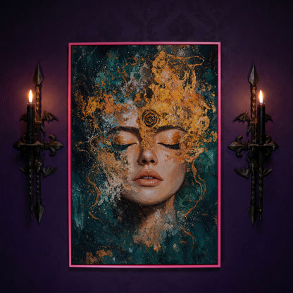 Mystical Abstract Woman Canvas Print in Gold and Teal in pink floating frame