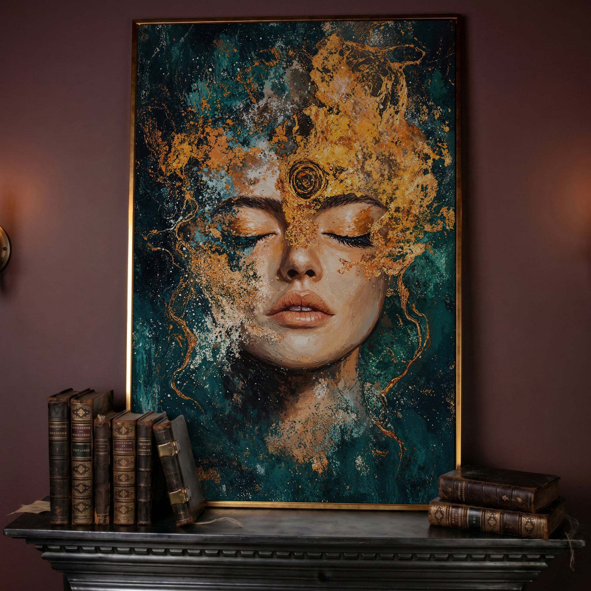 Mystical Abstract Woman Canvas Print in Gold and Teal in rose gold floating frame