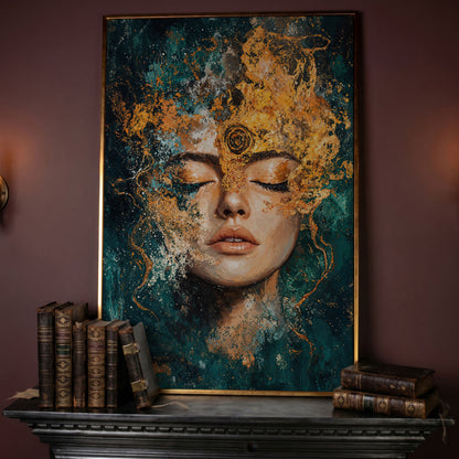 Mystical Abstract Woman Canvas Print in Gold and Teal in rose gold floating frame
