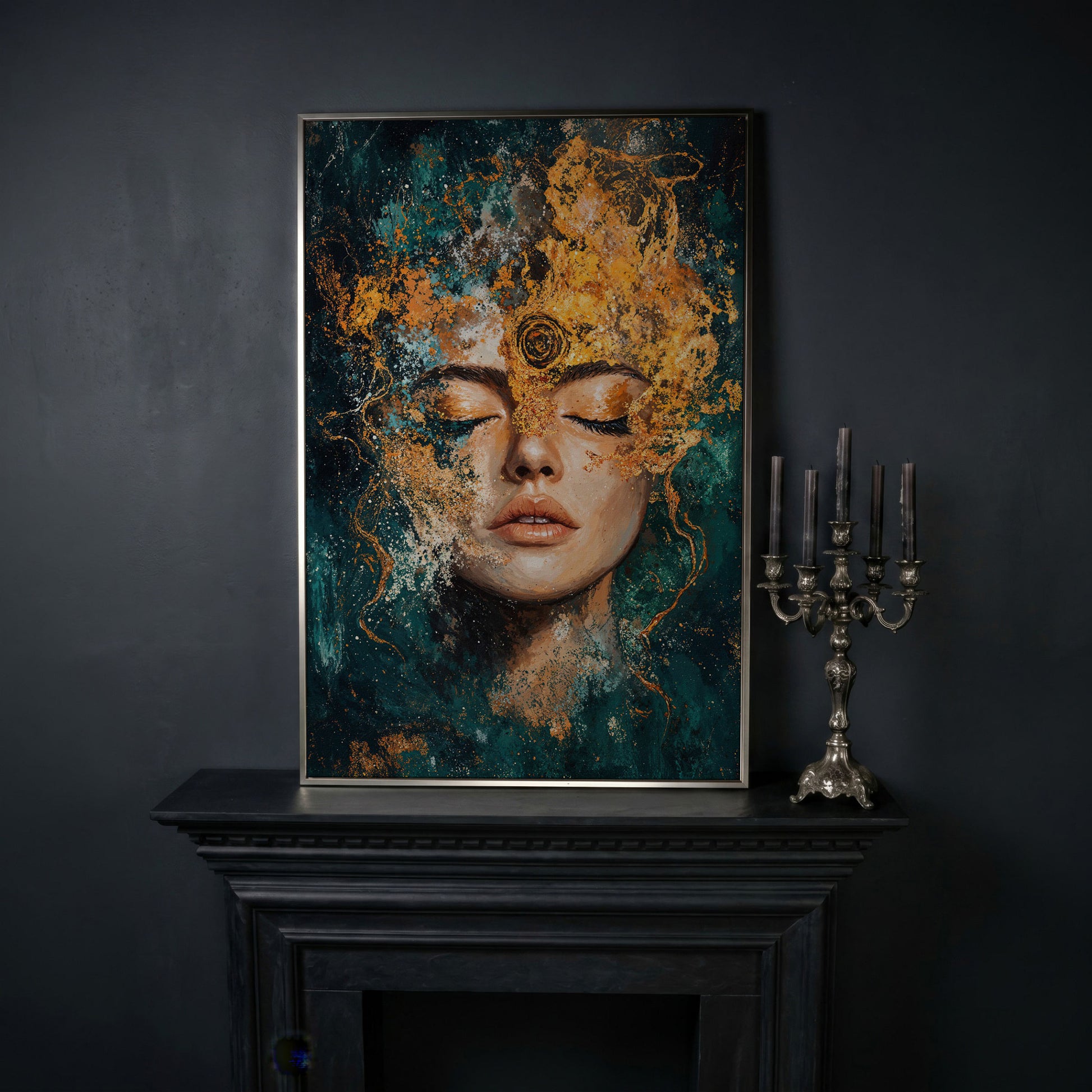Mystical Abstract Woman Canvas Print in Gold and Teal in silver floating frame