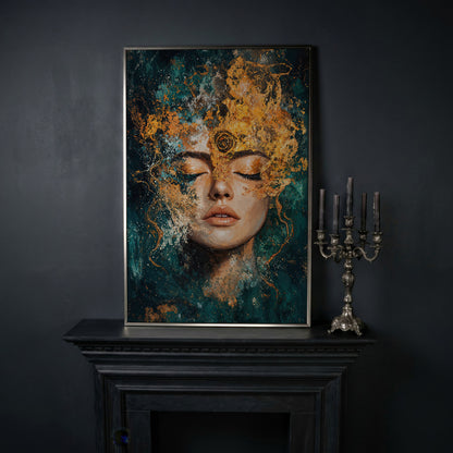 Mystical Abstract Woman Canvas Print in Gold and Teal in silver floating frame