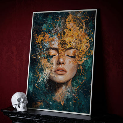 Mystical Abstract Woman Canvas Print in Gold and Teal in white floating frame
