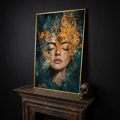 Mystical Abstract Woman Canvas Print in Gold and Teal in yellow gold floating frame