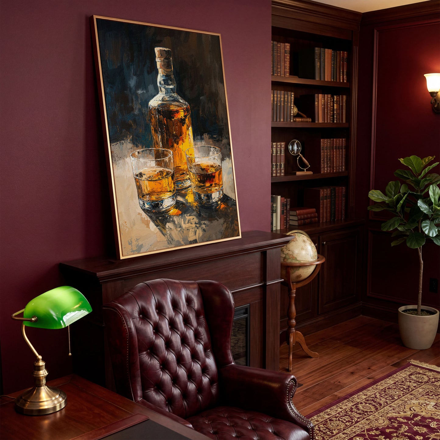 Vintage Whiskey Bottle and Glass Canvas in antique gold floating frame