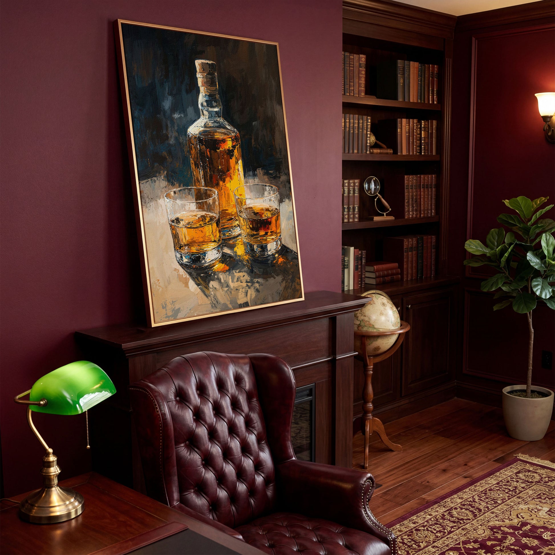 Vintage Whiskey Bottle and Glass Canvas in antique gold floating frame