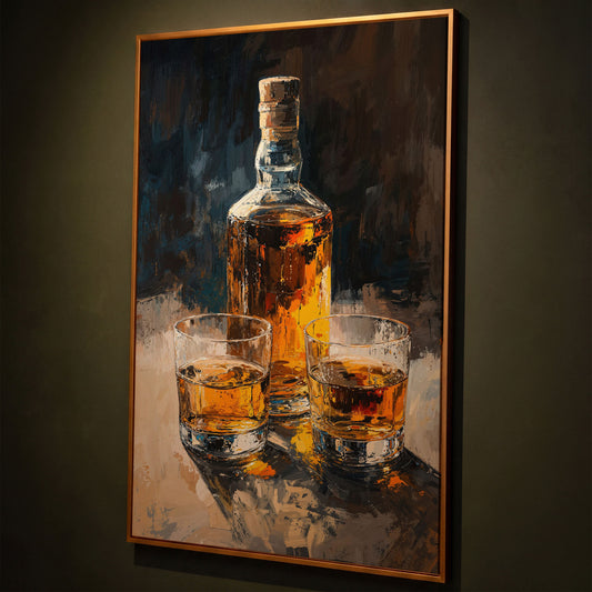 Vintage Whiskey Bottle and Glass Canvas shown in antique gold floating frame