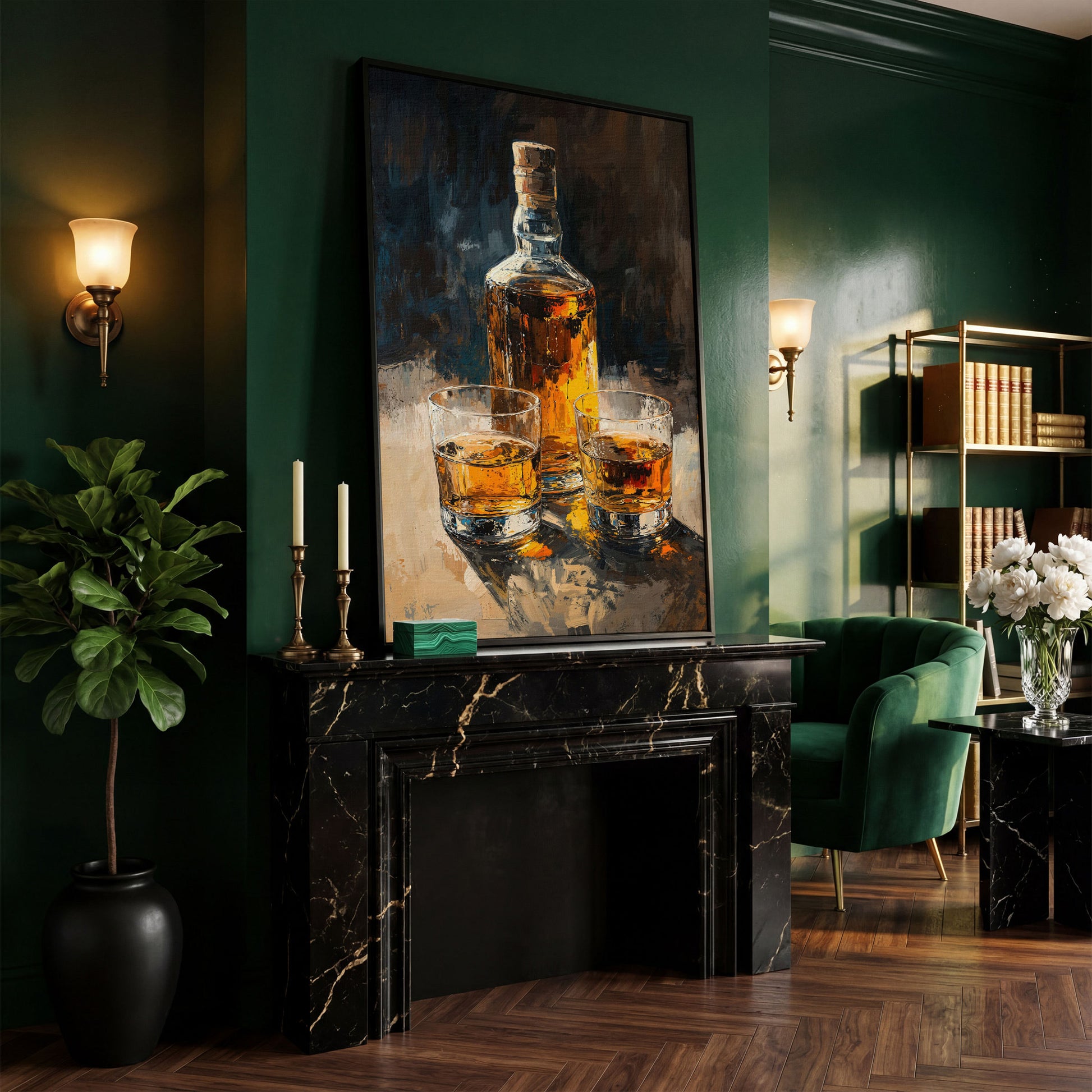 Vintage Whiskey Bottle and Glass Canvas in black floating frame