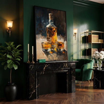 Vintage Whiskey Bottle and Glass Canvas in black floating frame