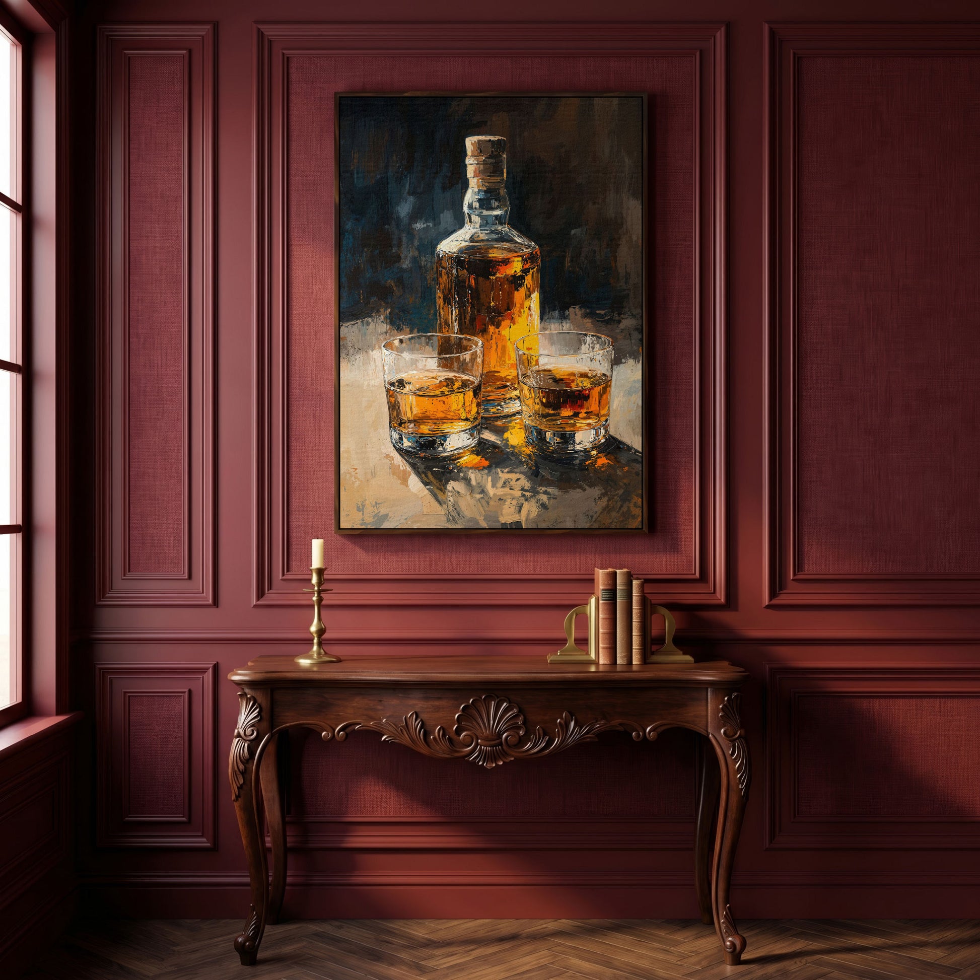 Vintage Whiskey Bottle and Glass Canvas in dark walnut floating frame