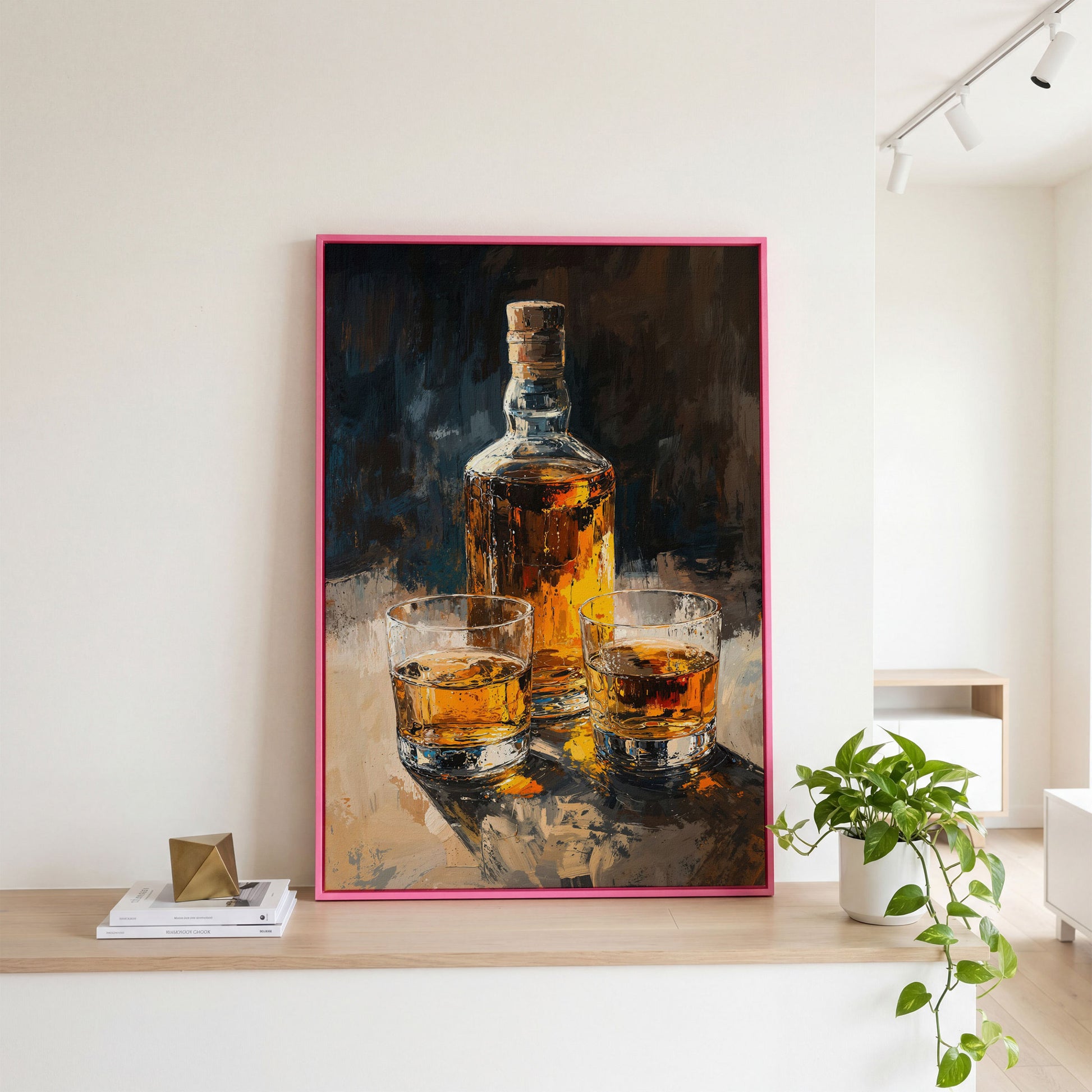 Vintage Whiskey Bottle and Glass Canvas in pink floating frame