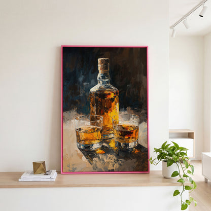 Vintage Whiskey Bottle and Glass Canvas in pink floating frame
