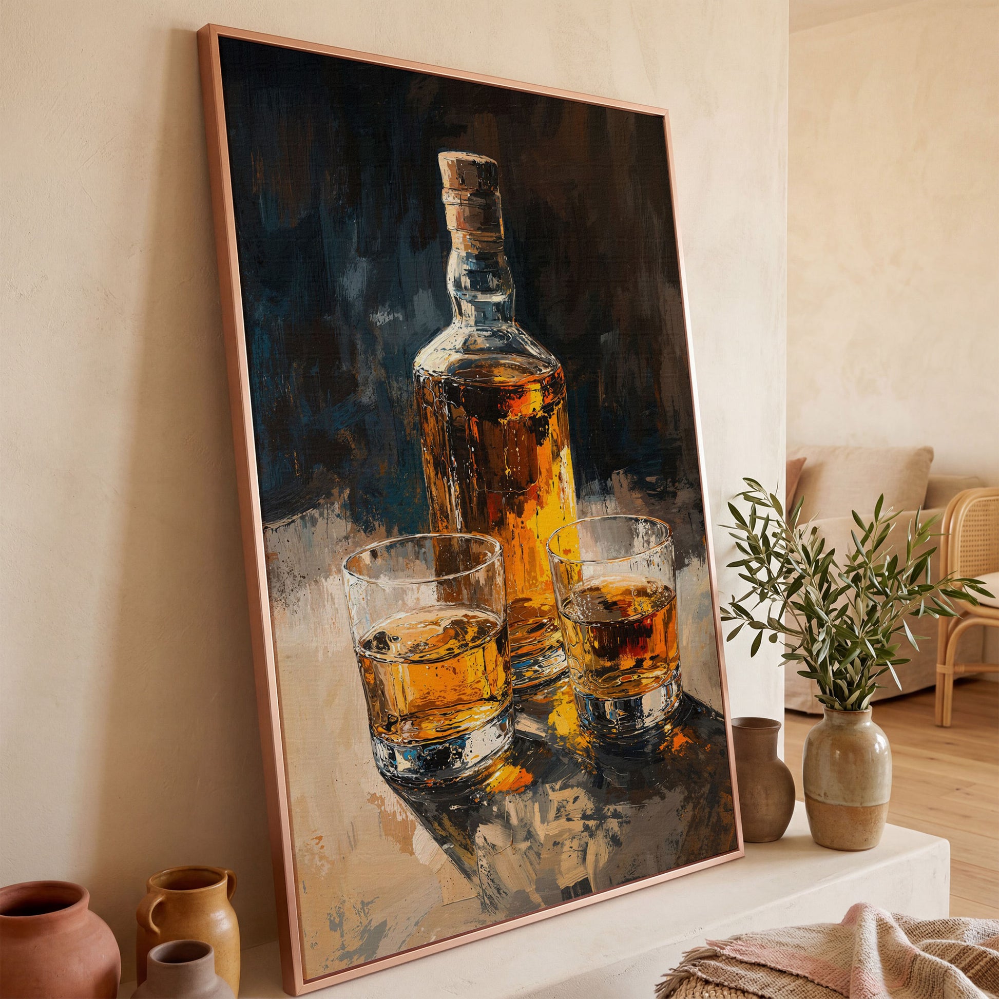 Vintage Whiskey Bottle and Glass Canvas in rose gold floating frame