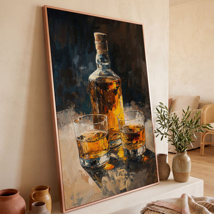 Vintage Whiskey Bottle and Glass Canvas in rose gold floating frame