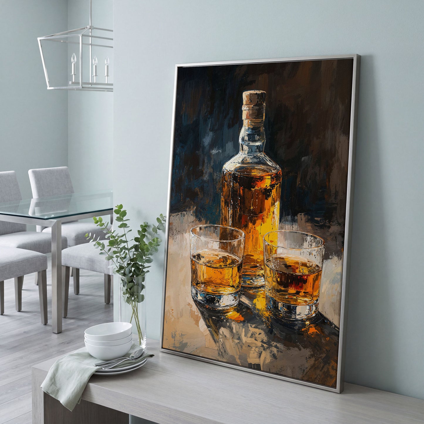 Vintage Whiskey Bottle and Glass Canvas in silver floating frame