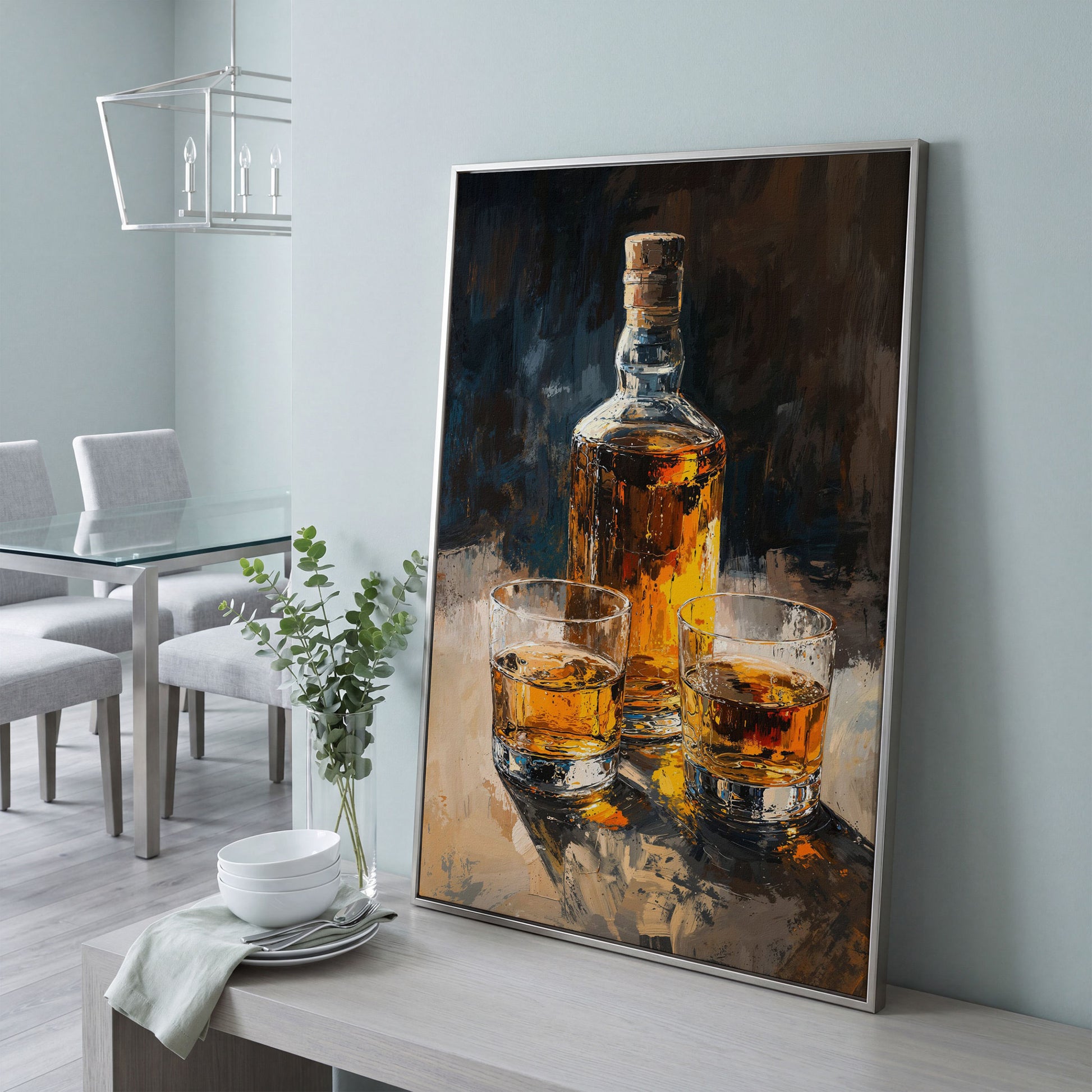 Vintage Whiskey Bottle and Glass Canvas in silver floating frame
