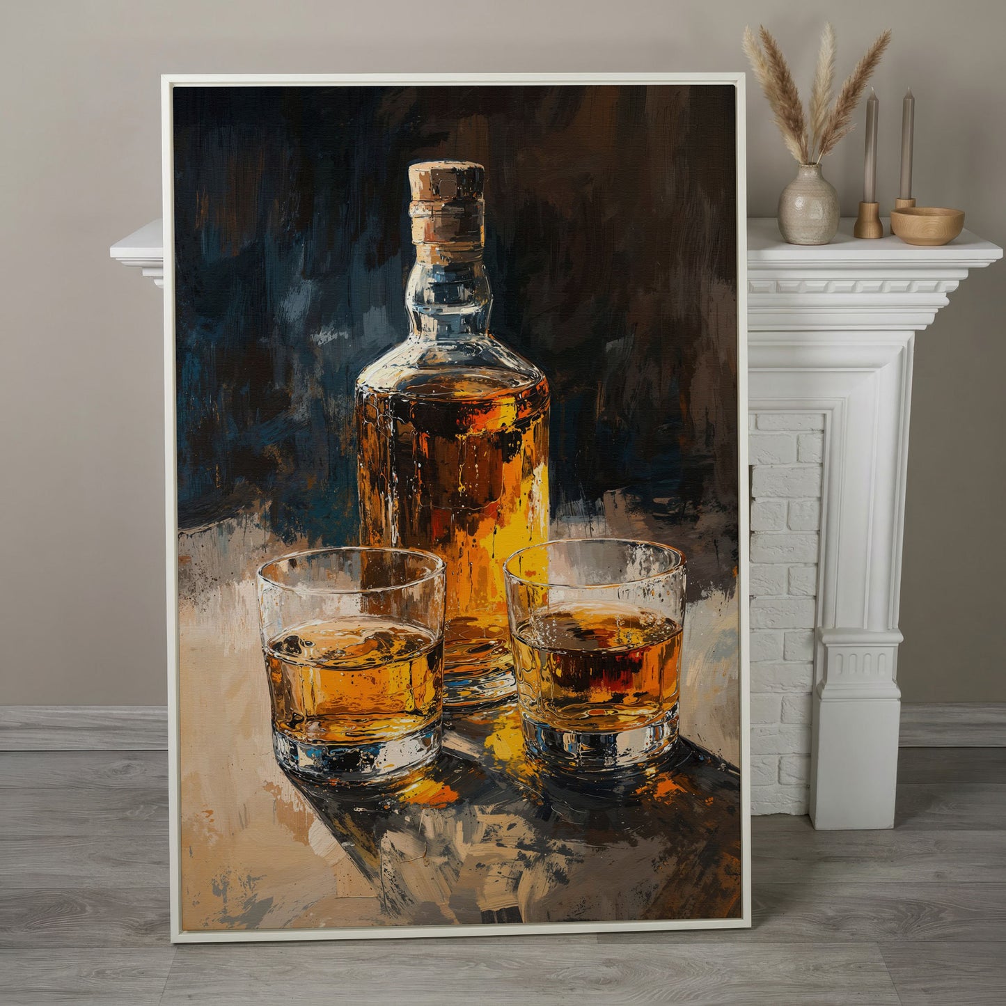 Vintage Whiskey Bottle and Glass Canvas in white floating frame