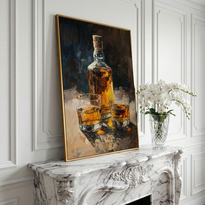 Vintage Whiskey Bottle and Glass Canvas in yellow gold floating frame