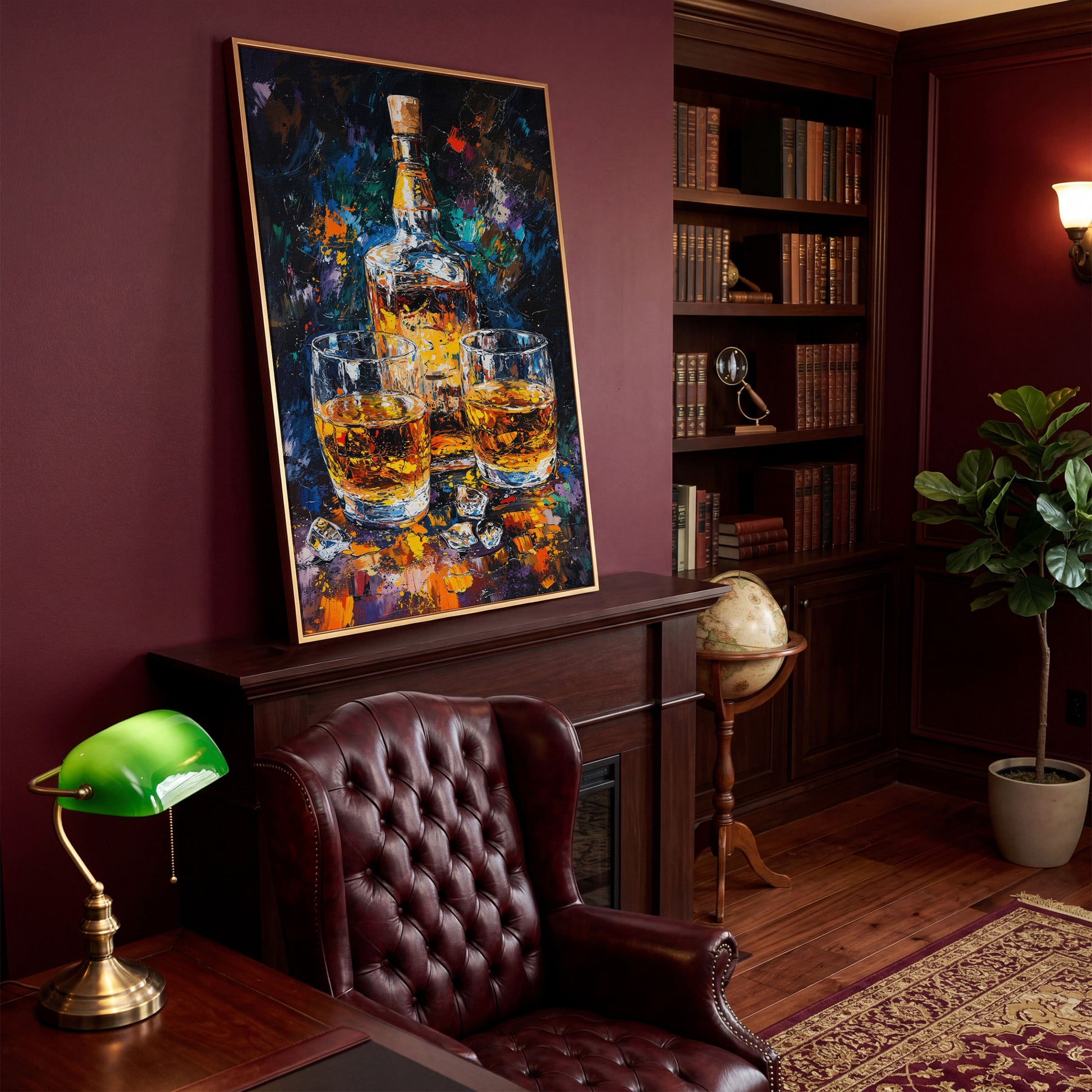 Vibrant Whiskey Abstract Bottle Canvas in antique gold floating frame