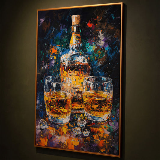 Vibrant Whiskey Abstract Bottle Canvas shown in antique gold floating frame