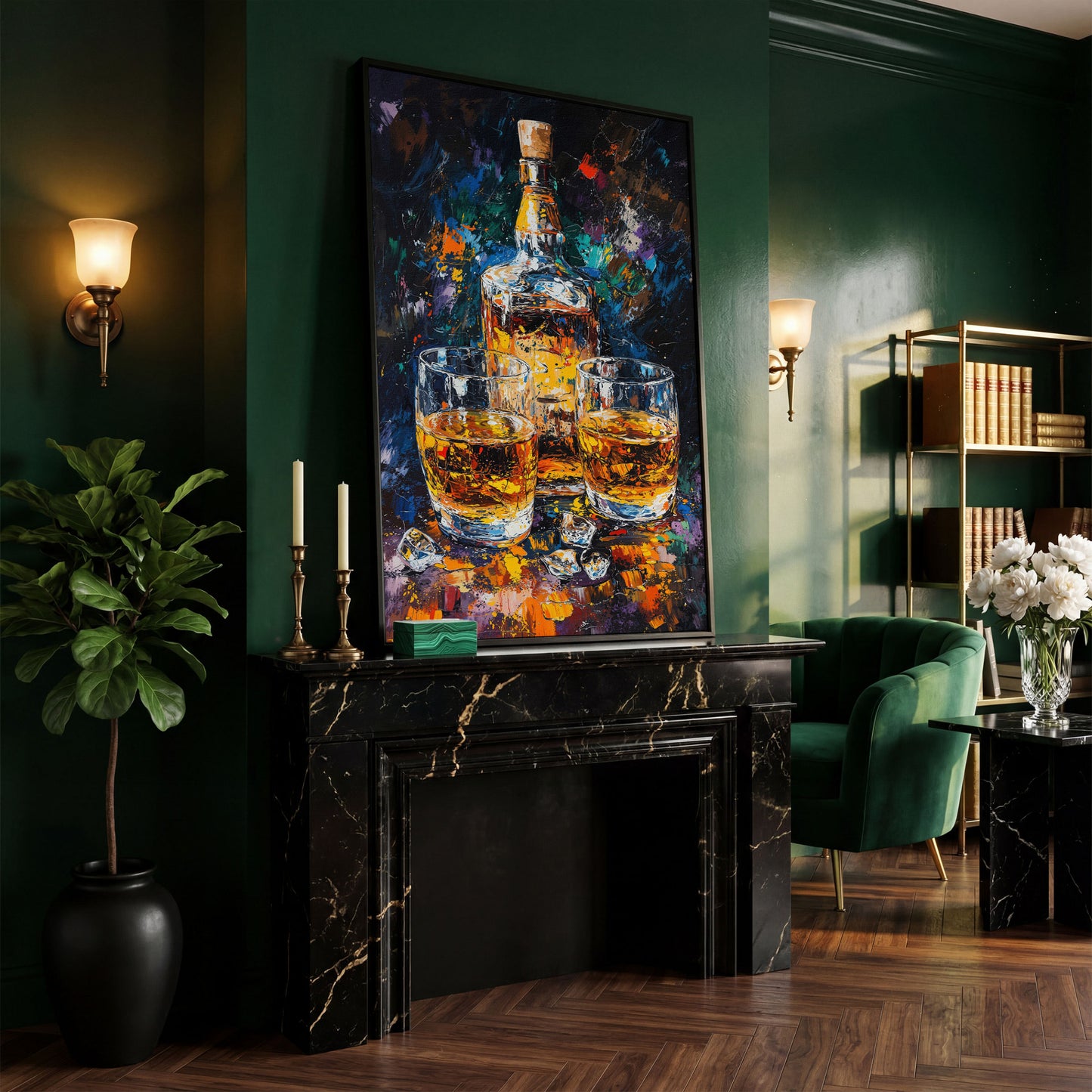 Vibrant Whiskey Abstract Bottle Canvas in black floating frame
