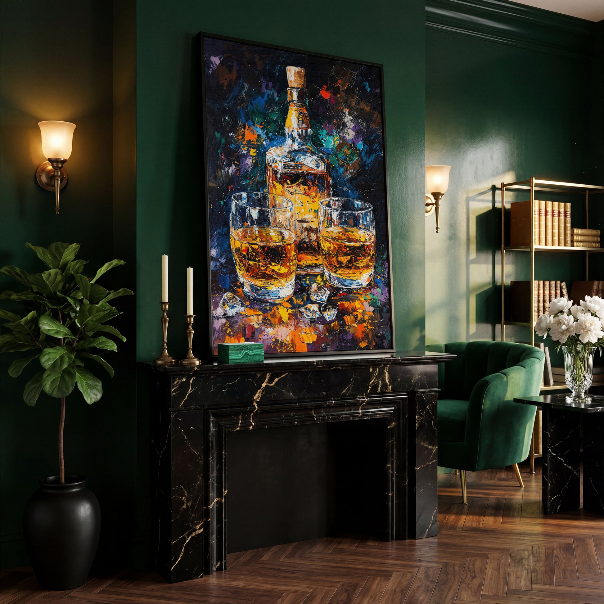 Vibrant Whiskey Abstract Bottle Canvas in black floating frame