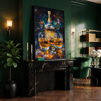 Vibrant Whiskey Abstract Bottle Canvas in black floating frame