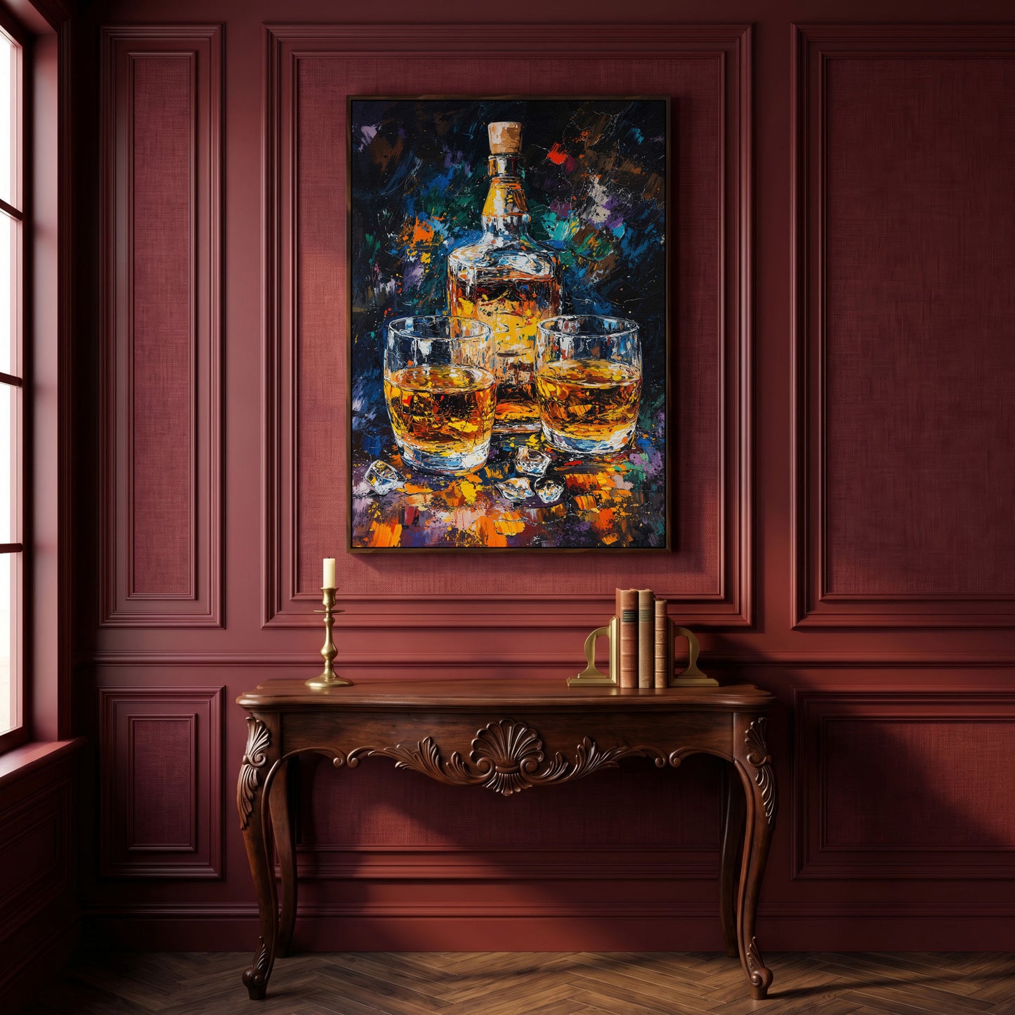 Vibrant Whiskey Abstract Bottle Canvas in dark walnut floating frame
