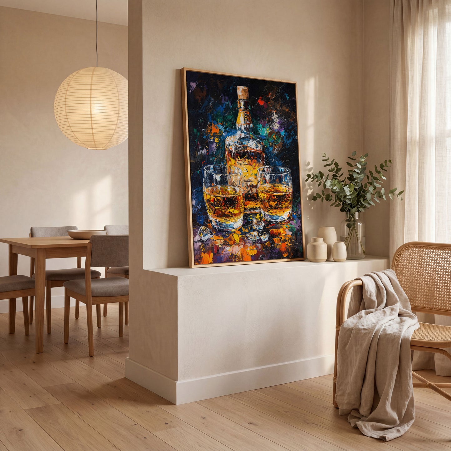 Vibrant Whiskey Abstract Bottle Canvas in white oak floating frame