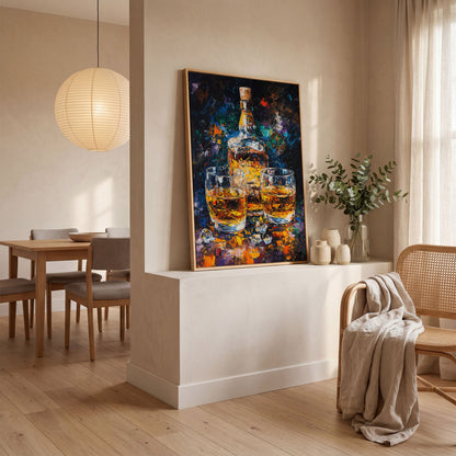 Vibrant Whiskey Abstract Bottle Canvas in white oak floating frame