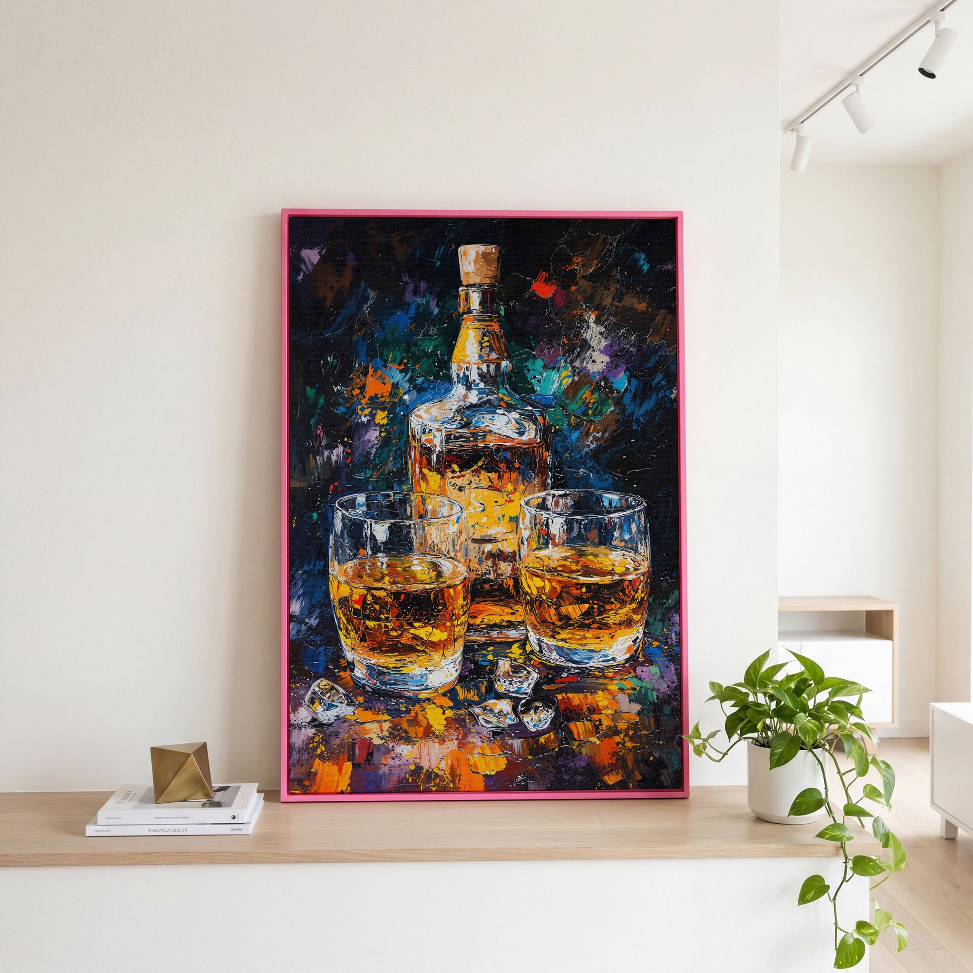 Vibrant Whiskey Abstract Bottle Canvas in pink floating frame