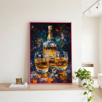 Vibrant Whiskey Abstract Bottle Canvas in pink floating frame