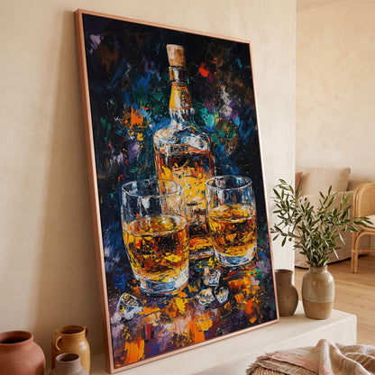 Vibrant Whiskey Abstract Bottle Canvas in rose gold floating frame