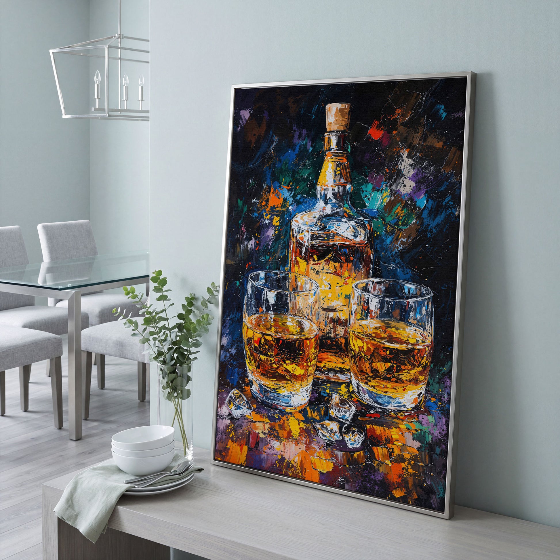 Vibrant Whiskey Abstract Bottle Canvas in silver floating frame