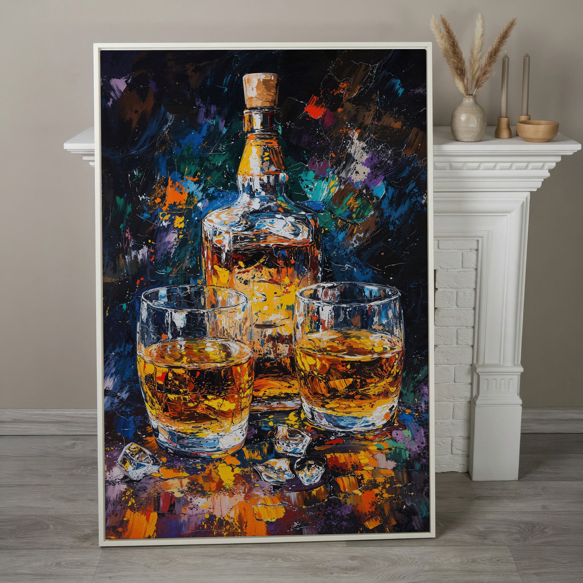 Vibrant Whiskey Abstract Bottle Canvas in white floating frame
