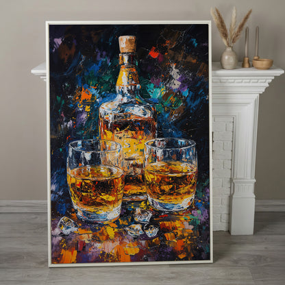 Vibrant Whiskey Abstract Bottle Canvas in white floating frame