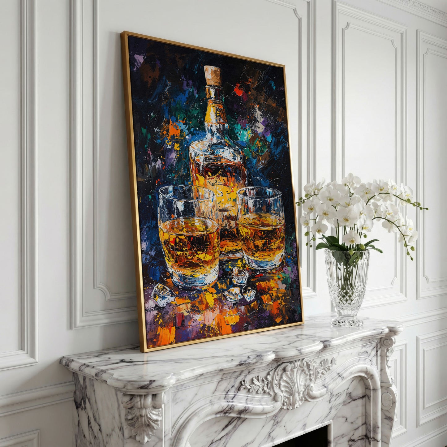 Vibrant Whiskey Abstract Bottle Canvas in yellow gold floating frame