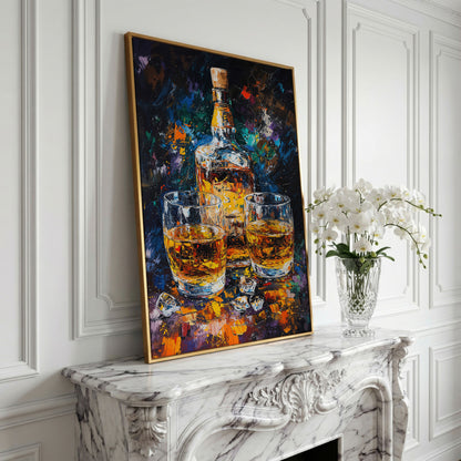 Vibrant Whiskey Abstract Bottle Canvas in yellow gold floating frame