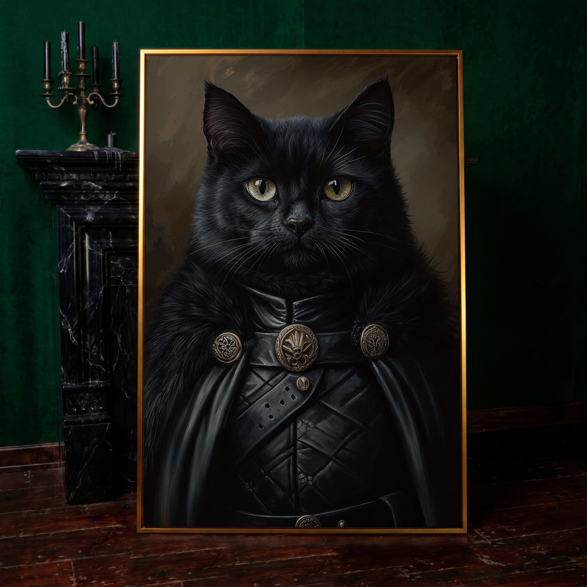 Victorian Black Cat Portrait Canvas in antique gold floating frame