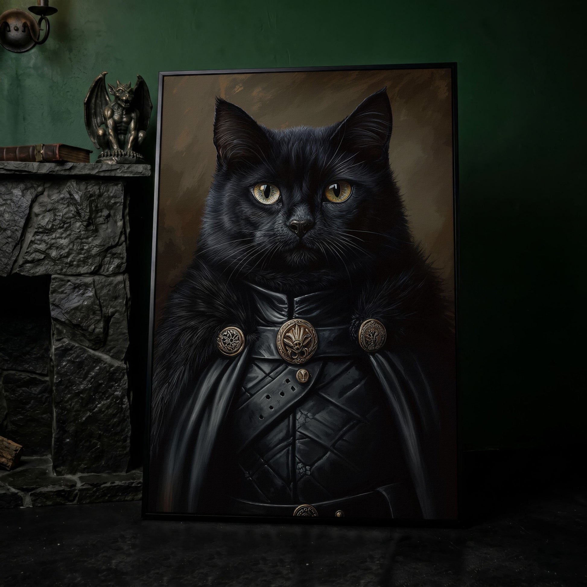 Victorian Black Cat Portrait Canvas in black floating frame