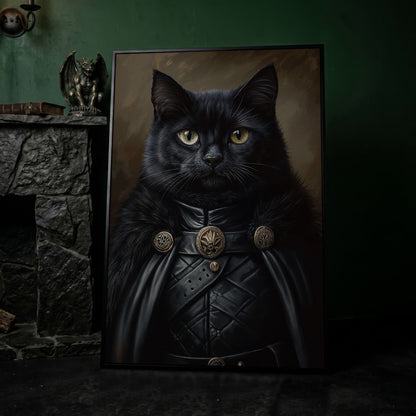 Victorian Black Cat Portrait Canvas in black floating frame