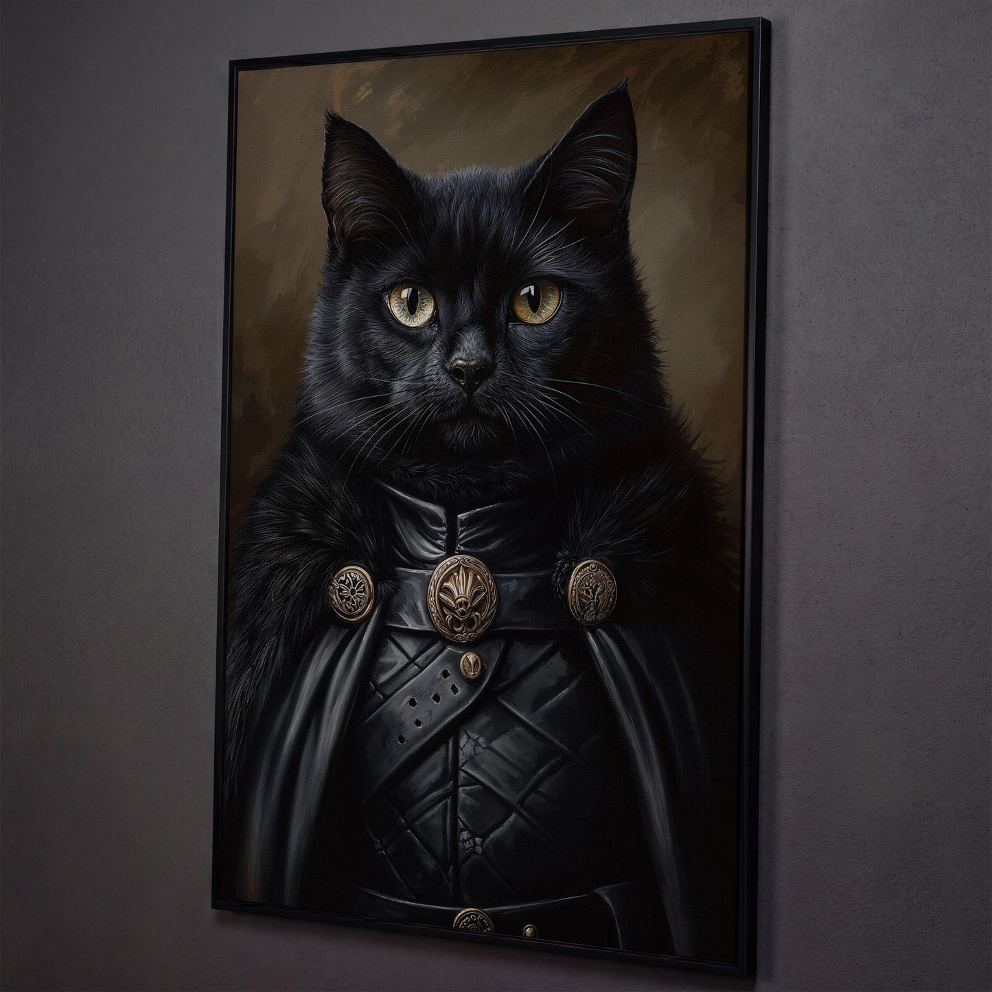 Victorian Black Cat Portrait Canvas shown in black floating frame