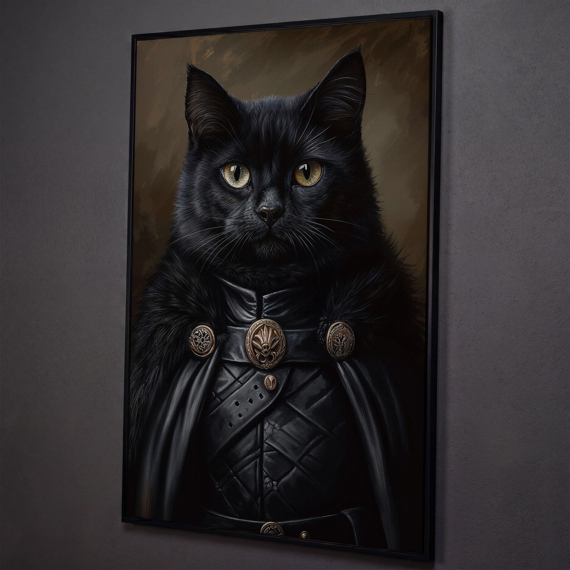 Victorian Black Cat Portrait Canvas shown in black floating frame