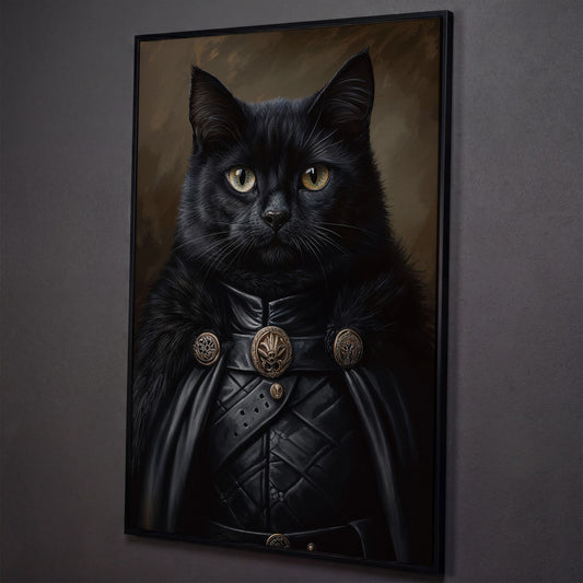 Victorian Black Cat Portrait Canvas shown in black floating frame